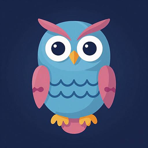 Digital cartoon of a blue owl with wide eyes, pink wings, orange feet, and a yellow beak, against a dark blue background.
