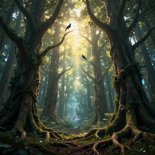 Photorealistic digital art of a sunlit, misty forest with towering, moss-covered trees, three birds perched on branches, and dense under