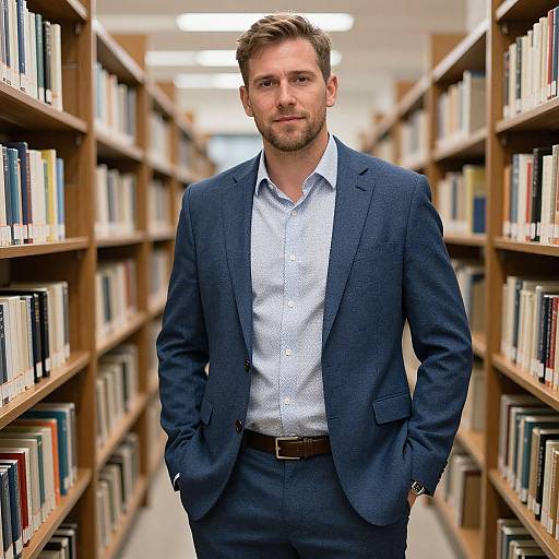 Photograph of a handsome, bearded man in a blue suit and light blue patterned shirt, standing confidently in a library aisle.