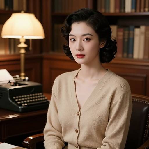 Photograph of a fair-skinned, dark-haired woman with vintage curl hairstyle, wearing a beige cardigan, seated in a wood-paneled library,