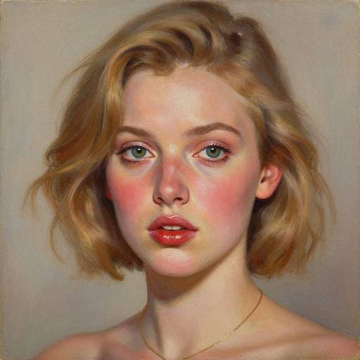 Digital painting of a fair-skinned, blonde-haired woman with blue eyes, pink cheeks, and red lips, wearing a thin gold necklace.