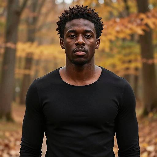Photograph of a serious African-American man with short, curly black hair, wearing a black long-sleeve shirt, standing in an autumn forest with