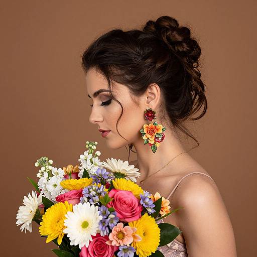 Photograph of a fair-skinned woman with dark hair in an updo, wearing colorful flower earrings, holding a vibrant bouquet of yellow, red,