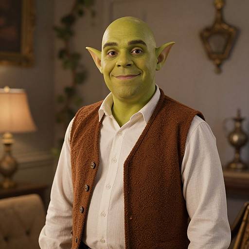 Photograph of a green-skinned, bald, smiling goblin with large ears, wearing a white shirt and brown vest, in a warmly lit,