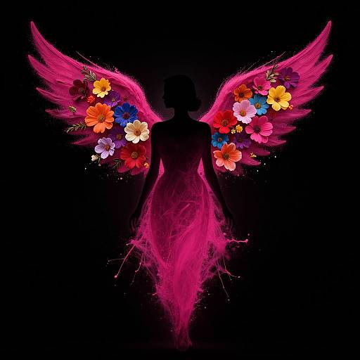 Digital art of a silhouette angel with vibrant pink wings adorned with colorful flowers, set against a solid black background.
