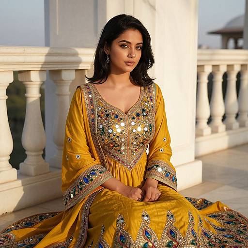 Photograph of a South Asian woman with long black hair, wearing an ornate yellow lehenga with intricate silver and gemstone embroidery, seated on a