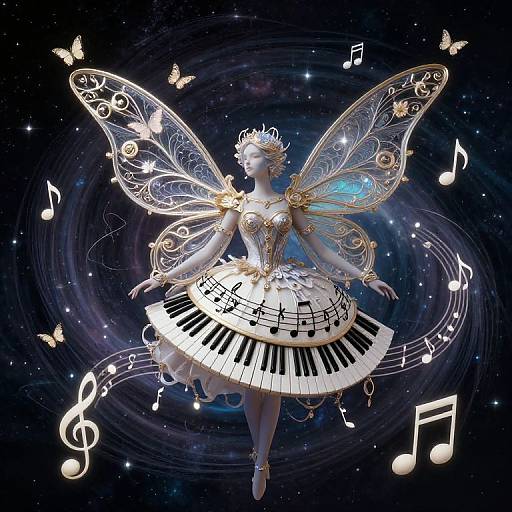 Digital artwork of a fairy-like figure with glowing, ornate wings, a music note dress, and golden accessories, floating in a starry, cosmic