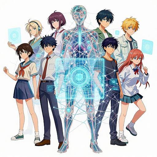 Anime-style illustration of seven high school students, diverse in appearance, standing in front of a glowing, holographic human figure.
