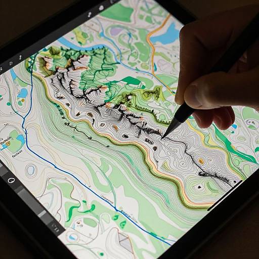 Photograph of a hand holding a pen on a colorful topographic map displayed on a tablet, with detailed contour lines and shaded green, blue, and
