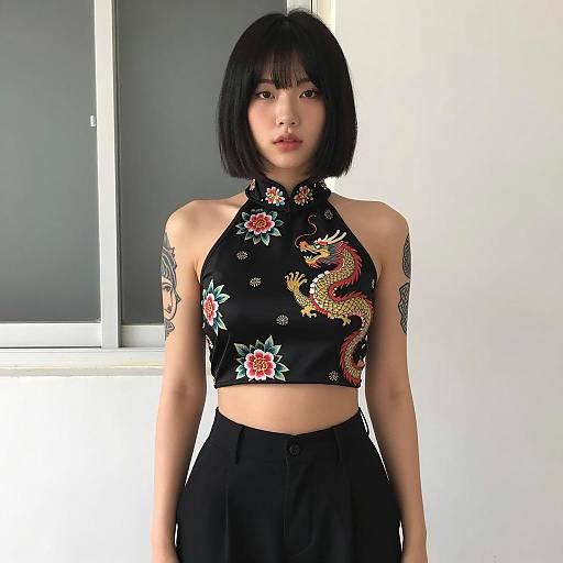 Asian Woman in Embroidered Halter Crop Top
