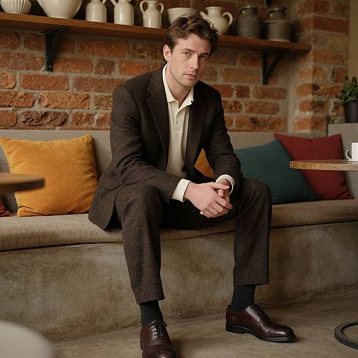 Photograph of a handsome man with fair skin and brown hair, wearing a dark suit, white shirt, black socks, and brown shoes, sitting on