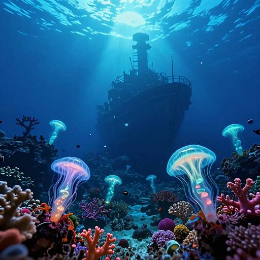 Photograph of a vibrant underwater scene featuring glowing jellyfish, colorful corals, and a sunlit, silhouetted shipwreck in deep