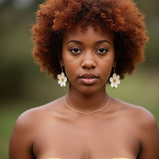 Photograph of a topless Black woman with natural curly red-orange afro, wearing gold flower earrings and thin necklace, looking directly at the camera,