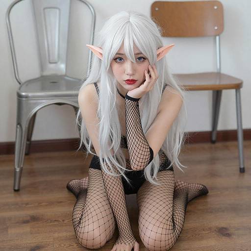 Elf Woman Kneeling with Fishnet Stockings