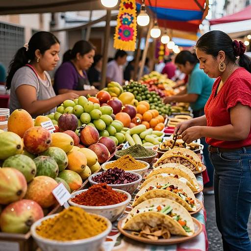 Photograph of a vibrant market stall with diverse fruits, spicy mixes, and flatbreads; three women in casual clothes selecting items under colorful overhead lights