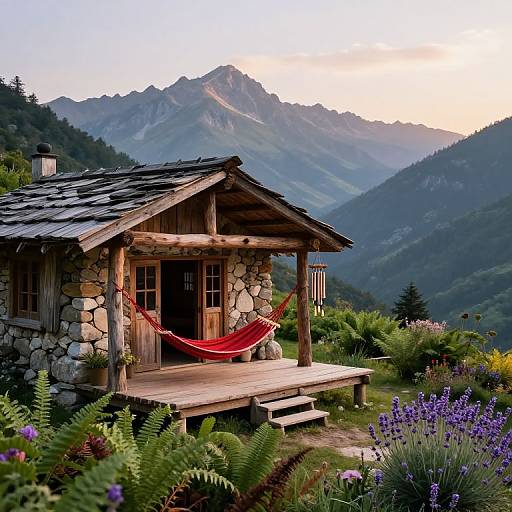 Photograph of a rustic stone cabin with wooden porch, red hammock, mountainous backdrop, lush greenery, and purple lavender flowers at sunset.