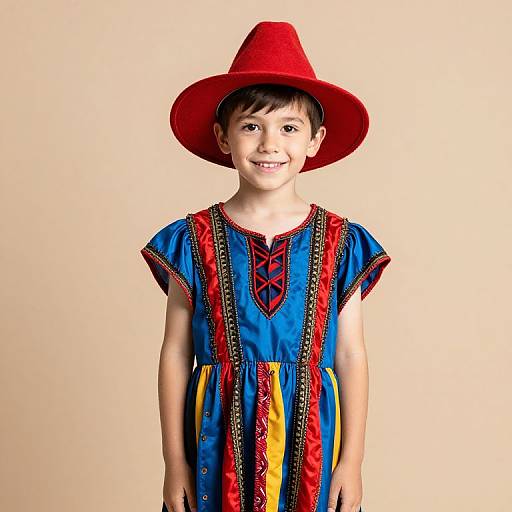 Photograph of a smiling young boy wearing a bright red hat, blue dress with red, yellow, and black vertical stripes, and intricate red and black