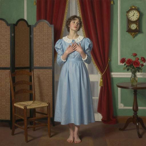 Vintage Woman in Blue Dress in Ornate Room