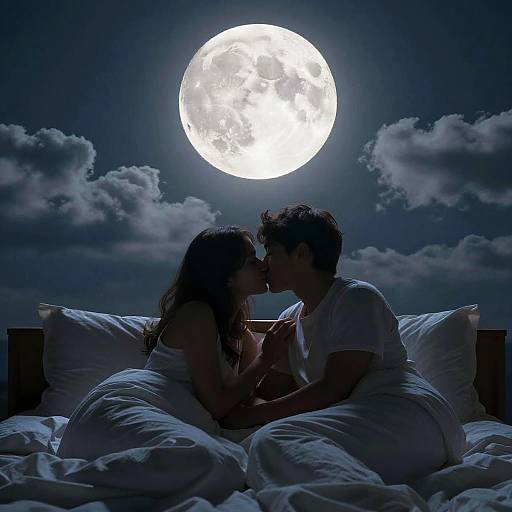 Photograph of a couple kissing on a bed with white pillows, silhouetted against a bright full moon and cloudy night sky.
