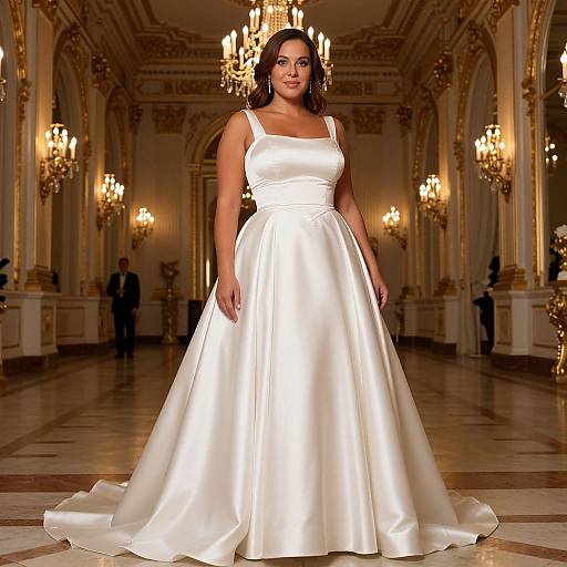 Photograph of a curvy, dark-haired woman in a white, sleeveless, satin wedding gown, standing in an opulent, gold-accent