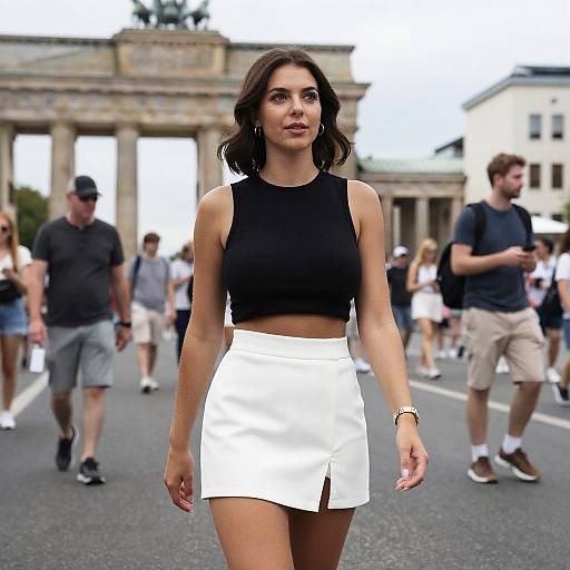 Photograph of a confident brunette woman with wavy hair, wearing a black sleeveless crop top and white high-waisted skirt, walking in a