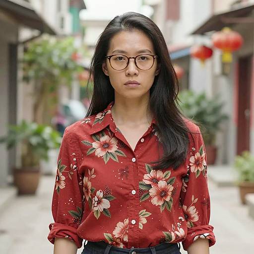 Asian Woman in Red Floral Shirt in Urban Alleyway