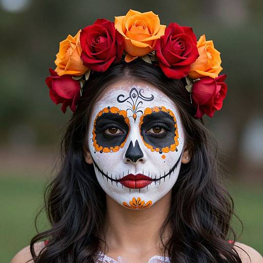 Photograph of a woman with Day of the Dead face paint, black hair, wearing a flower crown of red and orange roses, standing outdoors with blurred