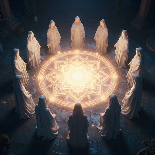 Photograph of nine robed figures in white, standing in a circle around a glowing, intricate magical symbol on a dark, stone floor.