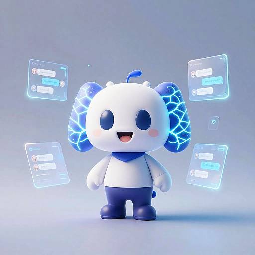 CGI digital image of a cute, white, cartoonish panda with blue ear patterns, black eyes, wearing a white shirt and blue pants, surrounded