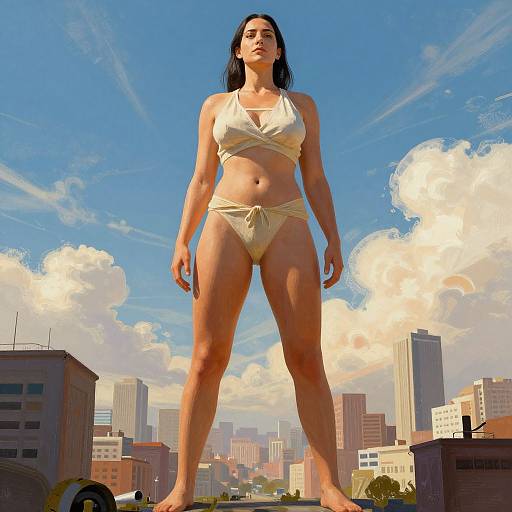 Digital artwork of a tall, dark-haired woman in a beige bikini standing confidently in a cityscape with skyscrapers, blue sky, and fluffy clouds