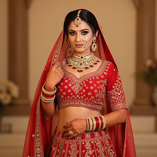 Photograph of a beautiful South Asian bride in a red traditional lehenga with gold embroidery, wearing a red veil, heavy gold jewelry, and intricate h