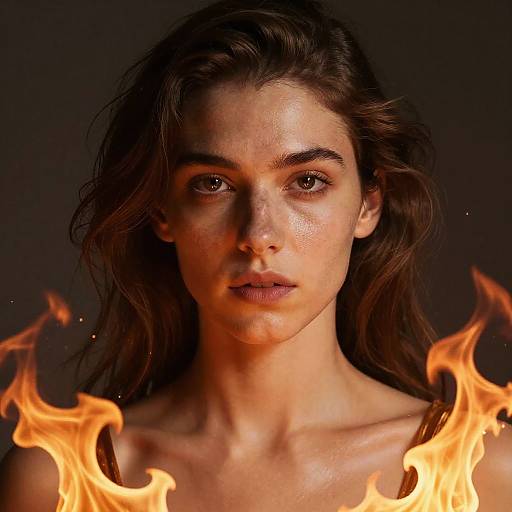 Photograph of a young woman with wet, dark brown hair and intense gaze, surrounded by orange flames against a dark background.