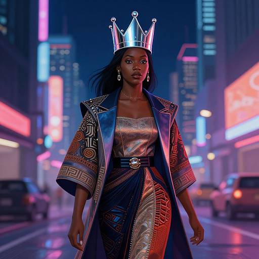 Futuristic Black Woman Wearing Cyber Crown in Neon City