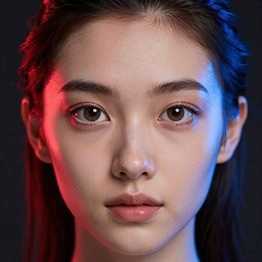 Close-up photograph of a young woman with fair skin, brown eyes, and dark hair, illuminated by red and blue light against a black background.