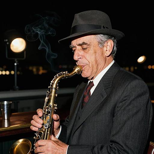 Photograph of an elderly man with gray hair, wearing a black suit, tie, and hat, playing a golden saxophone at night, with blurred