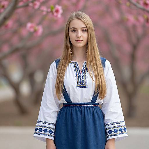 Photograph of a young Caucasian woman with long blonde hair, wearing a white blouse with blue embroidery and a navy blue apron dress, standing in a