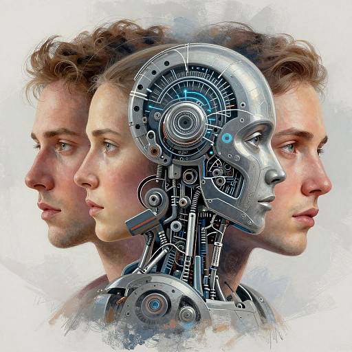 Digital artwork of three human male profiles, one with a futuristic, cybernetic head, blending organic and robotic features against a white background.