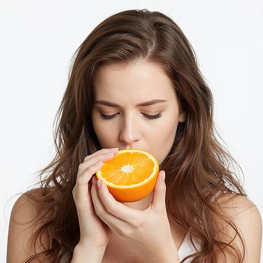 Photograph of a young woman with long brown hair, fair skin, and closed eyes, drinking from a half-orange against a white background.