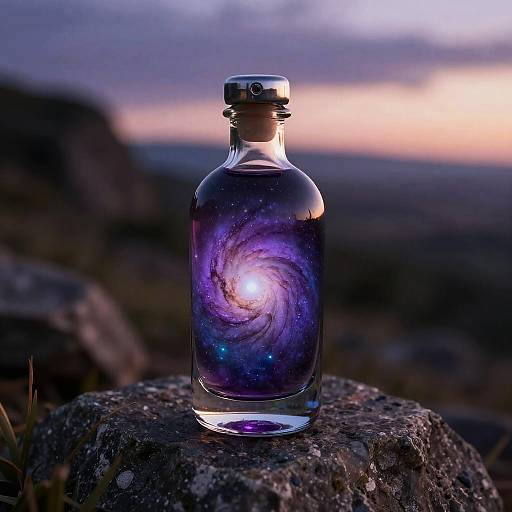 Photograph of a clear glass bottle with a glowing purple spiral galaxy inside, set on a rocky surface at dusk.