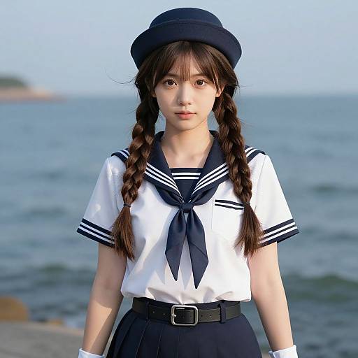 Young Asian girl with braided brown hair, wearing a navy sailor school uniform and hat, standing by a calm ocean. Photorealistic CGI.