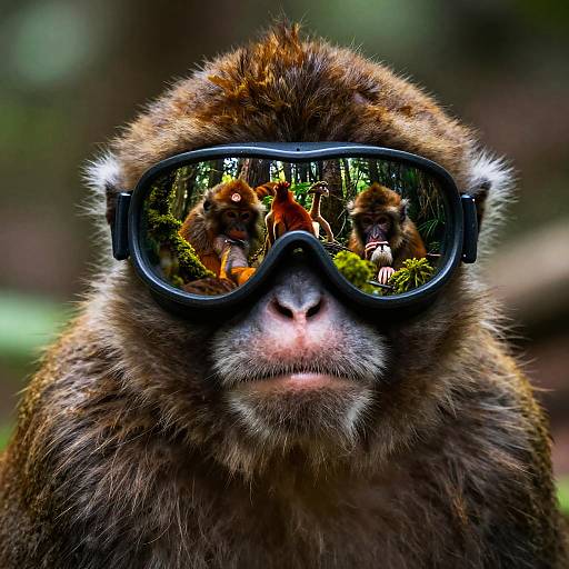 Photograph of a brown-faced monkey wearing black sunglasses, reflecting two other monkeys in a lush, green forest background.