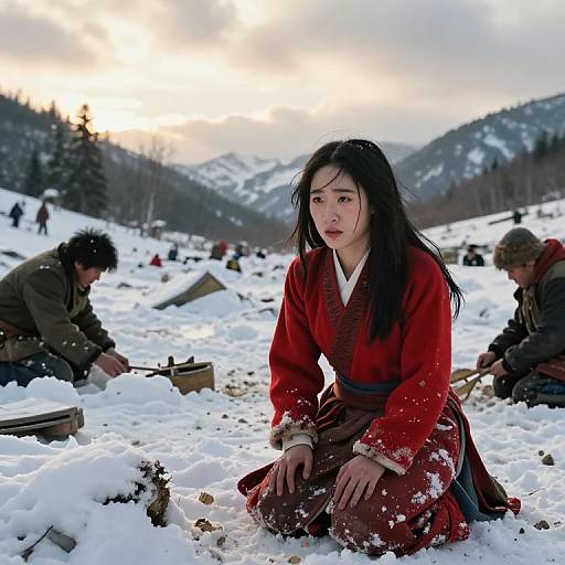 Photograph of a young Asian woman in a red kimono kneeling in a snowy, mountainous landscape, surrounded by people digging with tools at sunset.