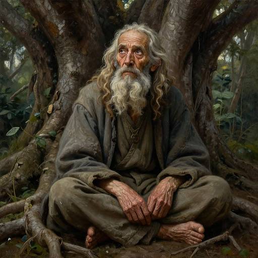 Digital painting of an elderly, wise-looking man with long white hair and beard, seated cross-legged at the base of a large tree, wearing tattered