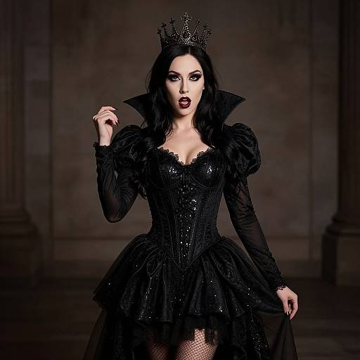 Photograph of a pale-skinned woman with black wavy hair, wearing a glittering black gothic dress, crown, and fishnet stockings,