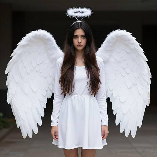 Photograph of a young woman with long black hair, wearing a white dress and large white angel wings, halo above head, standing in a dark,