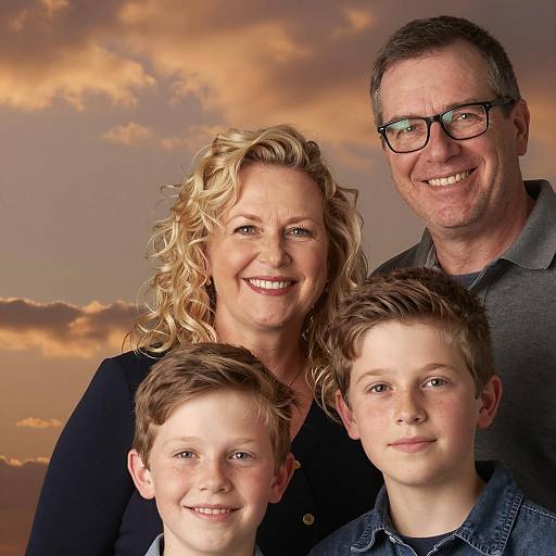 Smiling family portrait with sunset background