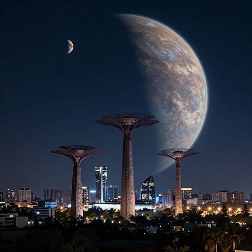 Photograph of a futuristic cityscape with three Supertree Grove structures, a large illuminated moon, and a partially visible planet in the night sky.