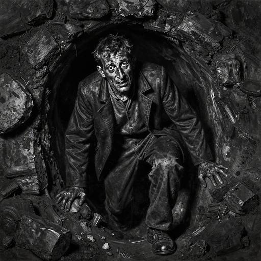 Charcoal Style Portrait of Miner Emerging from Dark Mine
