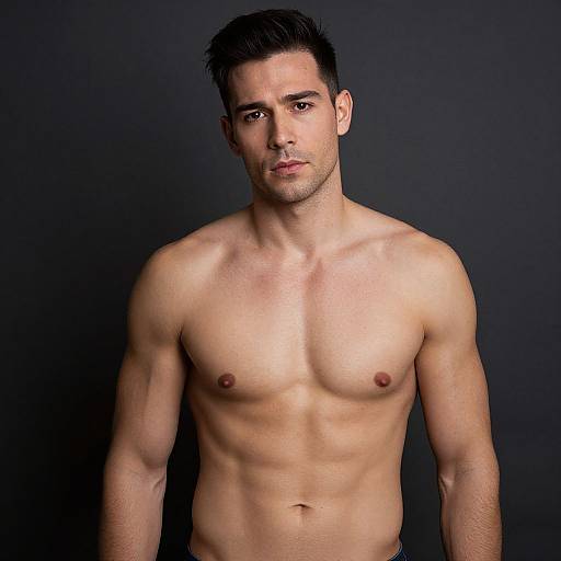 Photograph of a muscular, shirtless, fair-skinned man with short, dark hair, slight stubble, and defined abs, standing against a