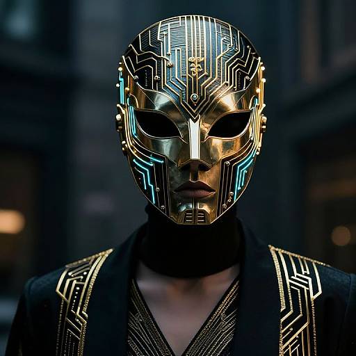 Photograph of a person with a futuristic, golden, circuit-patterned mask featuring blue neon accents, wearing a black, intricately designed robe, against